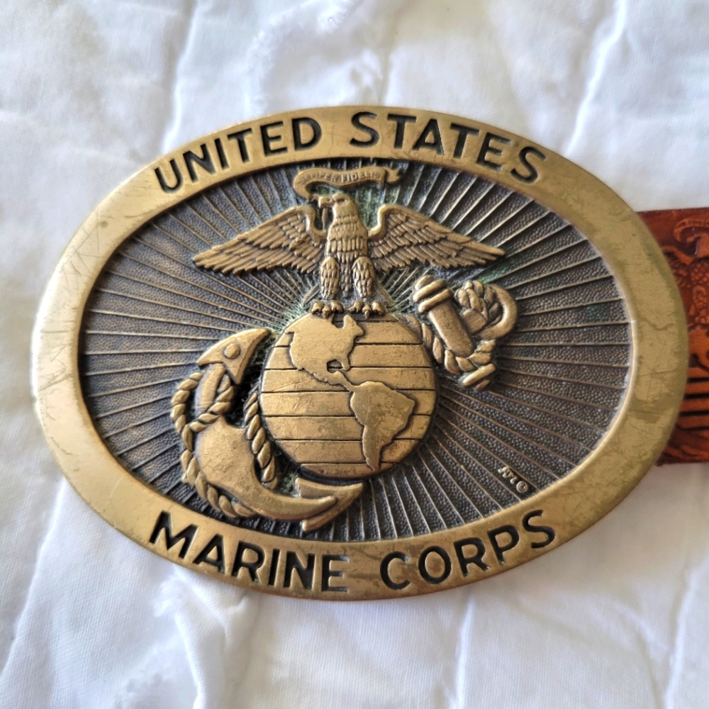 1st Ed. Numbered USMC Solid Brass Buckle w/ Vietnam War Embossed Leather Belt